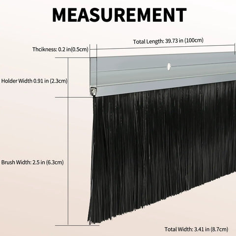 Eight Pack Door Brush Seal Kit with 2.5 Inch Bristles and 39.37 Inch Aluminum Bottom Seal, measurement details shown