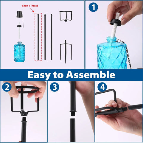 Assembly guide for Four Pack Blue Glass Garden Torches 12 Oz Citronella Outdoor Lights 60 Inch Adjustable Height
