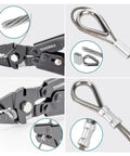 Premium Wire Rope Crimp Tool Kit With Built In Cutter For DIYers 328 Ft Stainless Cable One Sixteenth Inch Includes 210 Aluminum Crimp Sleeves And 50 Thimbles For Railings Decking And Picture Hanging with tool and cable detail view.