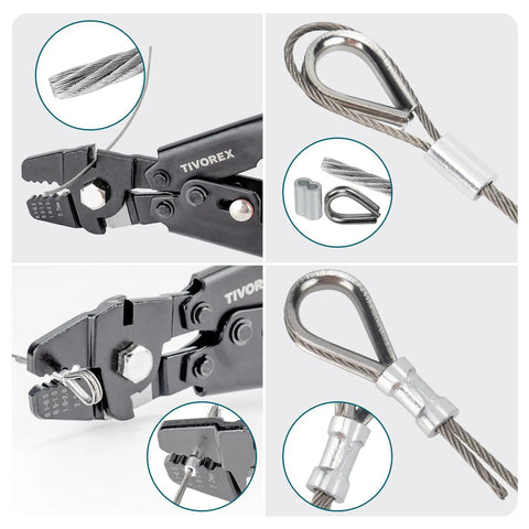 Premium Wire Rope Crimp Tool Kit With Built In Cutter For DIYers 328 Ft Stainless Cable One Sixteenth Inch Includes 210 Aluminum Crimp Sleeves And 50 Thimbles For Railings Decking And Picture Hanging with tool and cable detail view.