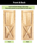 Front and back view of wooden barn doors, decorative panels, with Black Rustic Single Track Bypass Barn Door Hardware Kit For Double Doors 36 Inch Wide By 84 Inch High With 6 Foot Flat Track And Straight Rollers Built Tough Heavy Duty Carbon Steel Frame With Nylon Wheels For Interior Use Only.