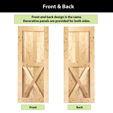 Front and back view of double wooden barn doors with decorative panels.
