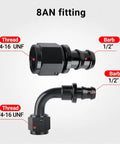8AN fittings with 3/4-16 UNF thread and 1/2 inch barb for Half Inch Fuel Hose Line Kit With 8AN Push Lock Fittings NBR SAE 30R7 Ten Feet High Pressure 300 PSI Working Burst 1200 PSI Minus Forty To Two Hundred Fifty Seven Fahrenheit Durable Fuel Line Kit For Cars And Trucks