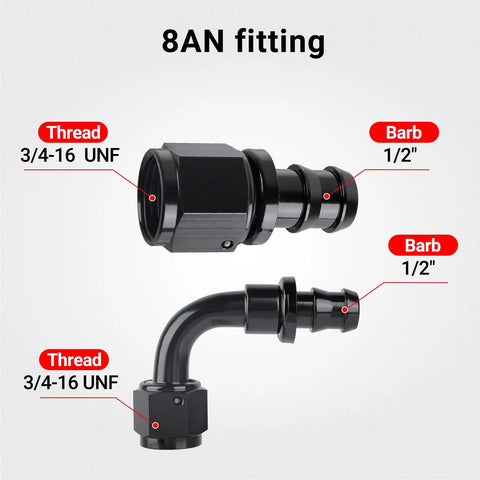 8AN fittings with 3/4-16 UNF thread and 1/2 inch barb for Half Inch Fuel Hose Line Kit With 8AN Push Lock Fittings NBR SAE 30R7 Ten Feet High Pressure 300 PSI Working Burst 1200 PSI Minus Forty To Two Hundred Fifty Seven Fahrenheit Durable Fuel Line Kit For Cars And Trucks