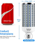 Two Pack Dope LED Corn Light Bulbs 60W Equivalent To 500W, 5500 Lumen, 6500K Cool Daylight White, E26/E27 Base next to a soda can