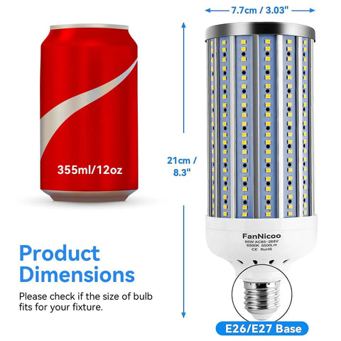 Two Pack Dope LED Corn Light Bulbs 60W Equivalent To 500W, 5500 Lumen, 6500K Cool Daylight White, E26/E27 Base next to a soda can