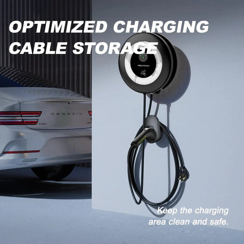 Level 2 EV Charger 40A 9.6kW Fast Wall Home Charging Station With NEMA 14-50 Plug and J1772 Connector on wall with cable storage.