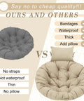 Comparison of beige egg chair cushion replacement 45x45 with headrest vs competitor, showing thickness and waterproof features.
