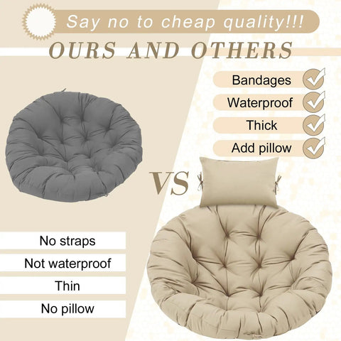 Comparison of beige egg chair cushion replacement 45x45 with headrest vs competitor, showing thickness and waterproof features.
