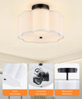 Three Light Semi Flush Mount Ceiling Light Fixture In Black Finish With White Fabric Drum Shade in kitchen view