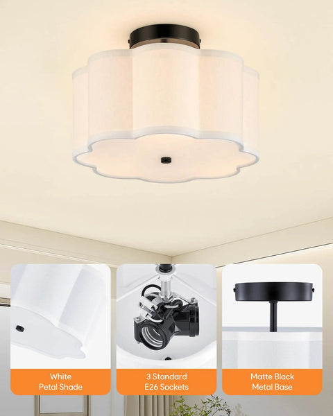 Three Light Semi Flush Mount Ceiling Light Fixture In Black Finish With White Fabric Drum Shade in kitchen view