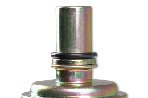 B&M 20234 Adjustable Vacuum Modulator, metal cylindrical unit with black rubber O-ring, front view
