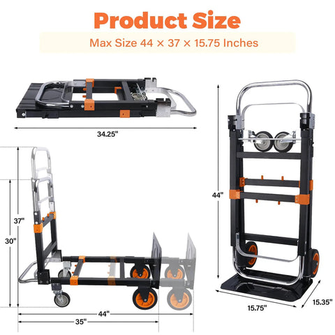 3 In 1 Folding Dolly Cart With Wheels Heavy Duty Hand Truck For 600 Lb Loads, Collapsible With Retractable Handle And Two Straps, Converts To Two Wheel Or Four Wheel Trolley For Warehouse, Home Or Office Use; max size 44 x 37 x 15.75 in