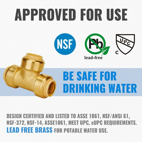 Six Pack Tee Plumbing Pipe Connector Set Three Quarter Inch Push Fit PEX Tee No Lead Brass Tee Fittings With Disconnect Clip Plug And Play Copper CPVC For Home Water Plumbing product image showing lead-free brass fitting with safety certifications.
