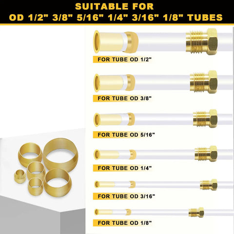 228 Piece Brass Compression Sleeve Ferrule Kit For One Eighth To One Half Inch Tubing, diagram showing six tube sizes suitable for DOT air brake lines