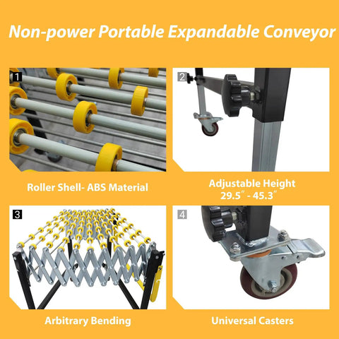 Flexible Portable Unpowered Conveyor With Adjustable Length And Height Expandable From 15.7 To 59 Inches, 23.6 Inches Wide, ABS Skate Wheels, Lightweight Roller Belt System For Warehouses, Vehicle Loading, And Assembly Lines, showing ABS wheels, height adjustability, bending capability, and casters.
