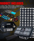 8 Gang Switch Panel Box With Digital Voltmeter And Blue LED Touch Switch Pod For Jeeps, Trucks, UTVs, SUVs, Boats, RVs And Other Vehicles Universal 12V Marine Car Accessories showing components and labels.