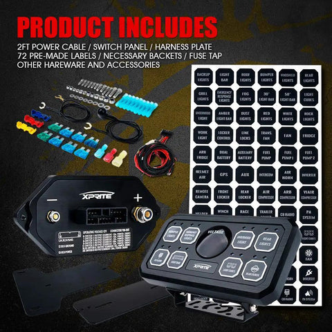 8 Gang Switch Panel Box With Digital Voltmeter And Blue LED Touch Switch Pod For Jeeps, Trucks, UTVs, SUVs, Boats, RVs And Other Vehicles Universal 12V Marine Car Accessories showing components and labels.