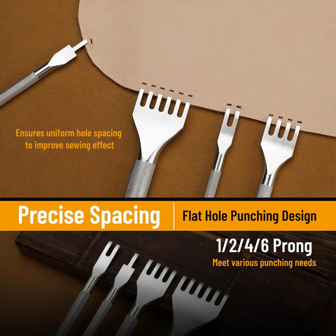 Close-up of Leather Punch Set With 1/2/4/6 Prongs For Belts And Crafting, showing white steel prongs and precise hole punching.