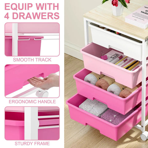 Slick Four Drawer Rolling Storage Cart In Bright Pink With Mega Capacity And Super Handy Wheels For Easy Organization Around The House Or Office Making Room Management A Sweet No Brainer Setup Today