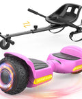 Two In One Off Road Self Balancing Scooter With Adjustable Seat Attachment For Kids And Adults, 6.5 Inch All Terrain Tires, Dual 250 Watt Motors, LED Lights And Bluetooth, Pink Go Kart Style featuring pink hoverboard with tire lights and black seat attachment.