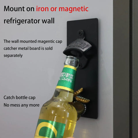 Heavy Duty Cast Iron Wall Mounted Bottle Opener For Draft Beer And Soda In Matte Black Finish Built Like A Tank Perfect Mounting Bracket For Your Garage Bar Or Home Stash Smooth Two Pack, mounted on refrigerator wall with bottle.