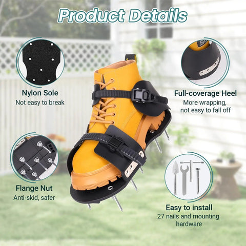 Heavy Duty Lawn Aerator Shoes With Six Extra Spikes, Cleaning Shovel, And Upgraded T Wrench For Easy Assembly shown with features