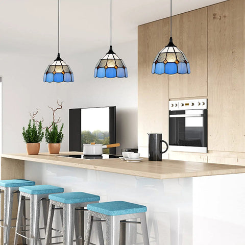 Plug In Tiffany Style Pendant Light With 16.4 Ft Cord, Dimmable Rotary Dimmer, over kitchen island with blue stools