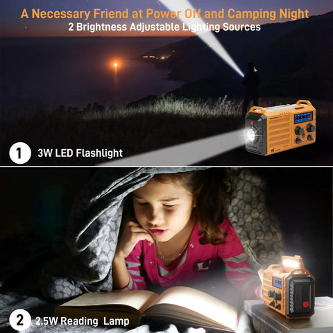 Prepper Ready Emergency Radio With NOAA Weather Alert 5000mAh Solar Hand Crank Portable AM FM Shortwave USB Charger Lighting