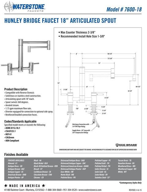 Straight Up Premium Matte White Bridge Faucet With A Solid 18 Inch Articulated Spout And Dual Handles That Bring Serious Style To Your Bathroom Vanity Setup, technical specifications and dimensions chart.