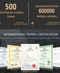 Display of international patent certifications and ISO quality management for Blue Classic Mobile CNC Tool Storage Cart with Wheels.