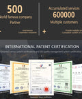 Image displaying international patent certifications and quality management system reports for a renowned company.