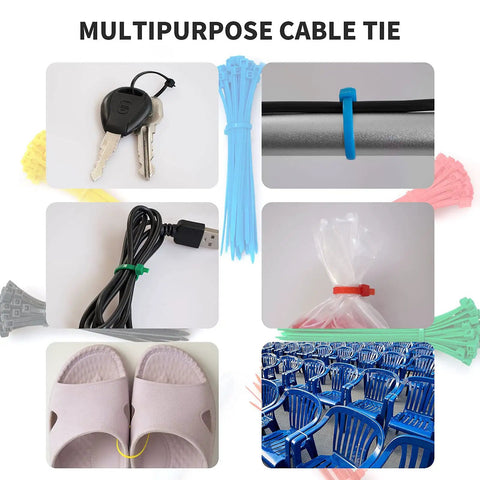 4 Inch White Nylon Zip Ties 100 Pack Self Locking Cable Ties For Indoor And Outdoor Use Heavy Duty Small Tie Straps Durable Weather Resistant Cable Management used in various applications including holding keys, cables, bags closed, and organizing chairs.