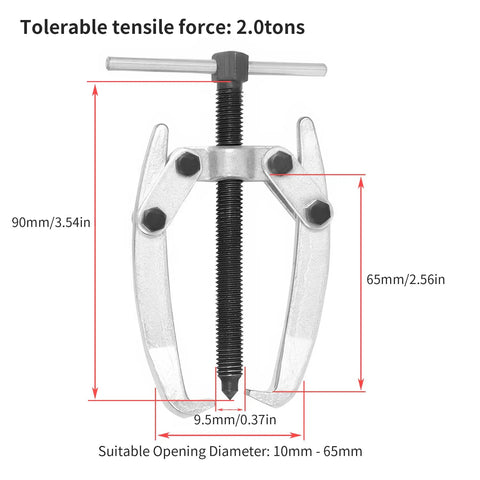 Beefed Up 2 Jaw Gear Puller Set 2.5 Inch Universal Bearing Extractor Tool 65mm Reach with adjustable arms and tensile force label