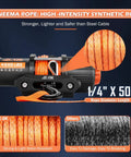 Image showing 4500 Lb ATV UTV Winch Kit with 12V power, featuring synthetic Dyneema rope, highlighting its strength and water resistance.