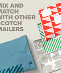 A selection of colorful patterned mailers stacked with "Mix and Match with Other Scotch Mailers" text overlay.