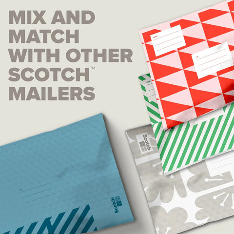 A selection of colorful patterned mailers stacked with "Mix and Match with Other Scotch Mailers" text overlay.