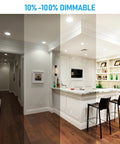 Eight Pack 6 Inch LED Recessed Retrofit Downlight Kit With 5CCT shown dimming from 10% to 100% in a modern kitchen