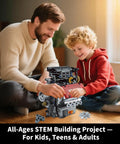 Father and son assembling Mini V8 Engine Kit That Runs Real Pistons And Moving Crankshaft 478 Piece STEM Engineering Model