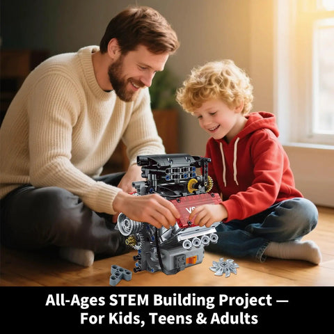 Father and son assembling Mini V8 Engine Kit That Runs Real Pistons And Moving Crankshaft 478 Piece STEM Engineering Model