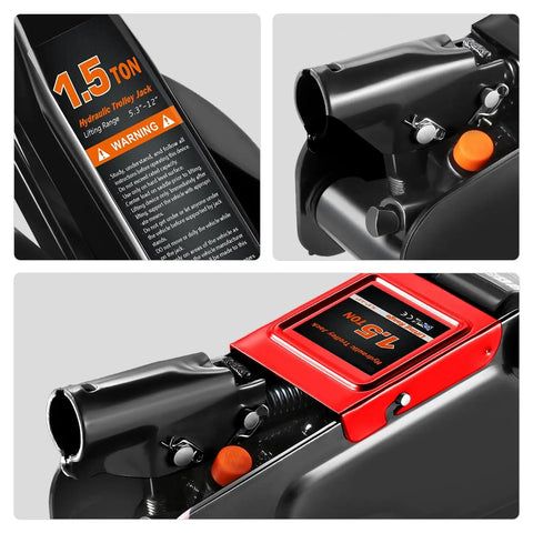 Close-up of Low Profile Hydraulic Trolley Floor Jack 1.5 Ton Capacity With Lift Range From 5.3 To 12 Inches Black Beefy Heavy Duty Service Jack labels and controls.