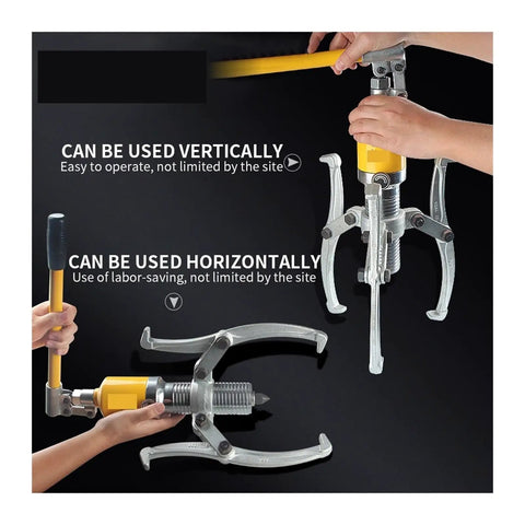 Heavy Duty 3 Jaw Hydraulic Gear Puller Set Built Tough For Dragging Off Worn Bearings And Yanking Stuck Seized Cylinders Up To 20 Ton Capacity in use vertically and horizontally.