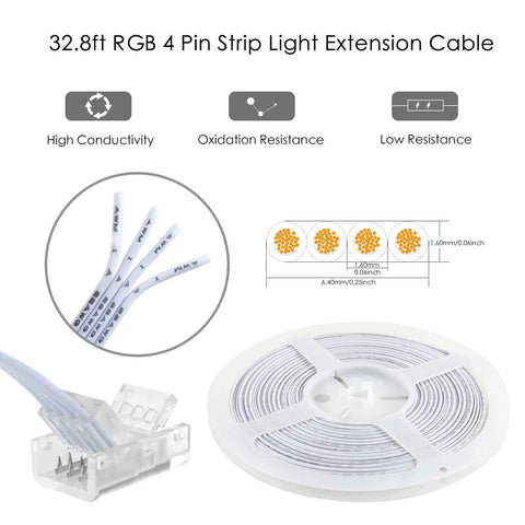 Plug And Play 10 Pack 4 Pin 10mm LED Strip Connectors With 32.8ft RGB Extension Cable product image showing cable and connectors