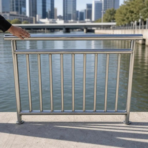 Heavy Duty Outdoor Railing Guardrail For Balcony And Deck Crafted From Top Shelf 304 Stainless Steel along a riverside.