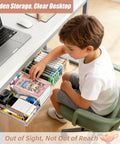 Slick Two Pack Under Desk Drawers With Smooth Glide Action, fits beneath frames, child accessing art supplies from clear drawer.