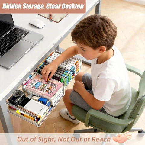 Slick Two Pack Under Desk Drawers With Smooth Glide Action, fits beneath frames, child accessing art supplies from clear drawer.
