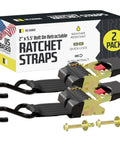 Bolt On Auto Retractable Ratchet Straps 2 Pack 2 Inch By 5.5 Foot Built Tough Heavy Duty Tie Down Straps packaging and straps