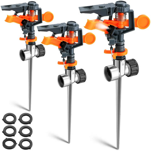 3 Pack Pulsating Sprinklers With Metal Spike 360 Degree Adjustable Rotating Impact Sprinkler For Large Yard Lawn Garden Coverage