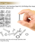 Ready To Roll 104 Piece Machine Screw Assortment Kit With Phillips Pan Head Bolts And Hex Nuts Washers In 304 Stainless Steel, includes #12-24 screws and washers.