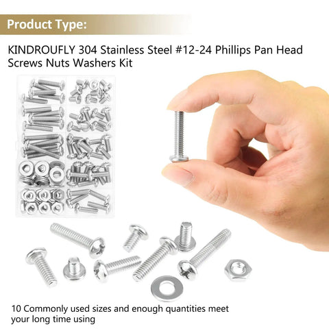 Ready To Roll 104 Piece Machine Screw Assortment Kit With Phillips Pan Head Bolts And Hex Nuts Washers In 304 Stainless Steel, includes #12-24 screws and washers.